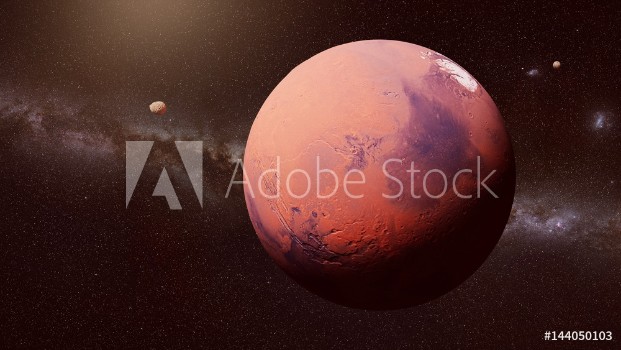Bild på Planet Mars in front of the Milky Way galaxy with Moons of Mars Phobos and Deimos